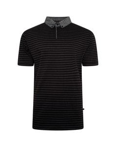 KAM Dobby Stripe Polo Shirt with Chambray Collar Black